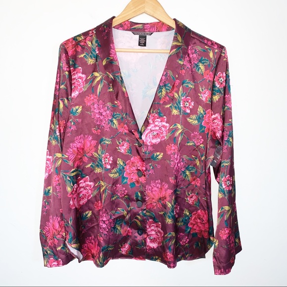VS Victoria’s Secret Satin Floral Button Up Night Shirt Med Bloomcore Gardencore - Picture 3 of 6